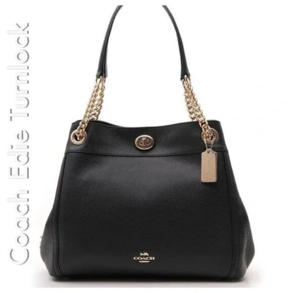Like New Coach Edie Turnlock Black Leather Shoulder Bag - Picture 1 of 13